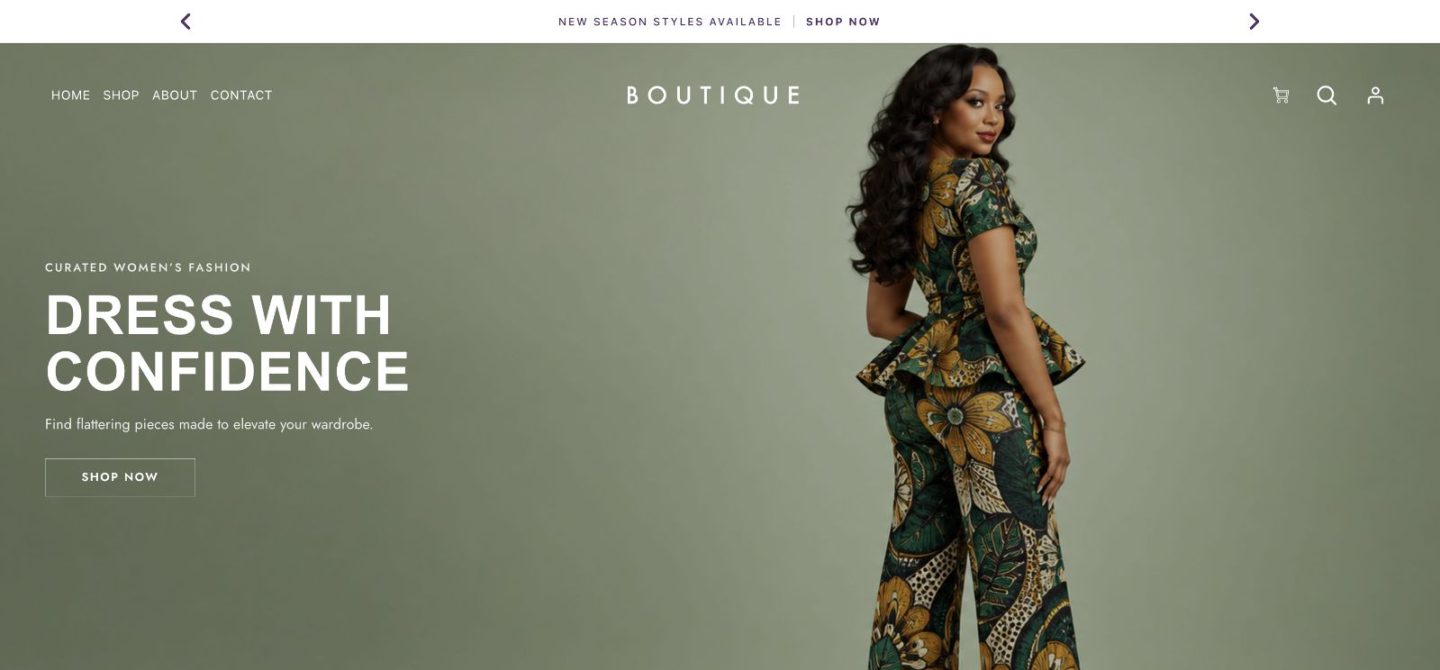 Boutique WooCommerce storefront showing its navigation, fashion collection, and shopping call to action