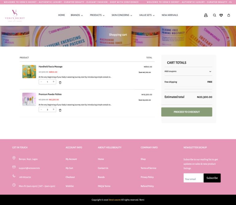 Vera's Secret cart page screenshot