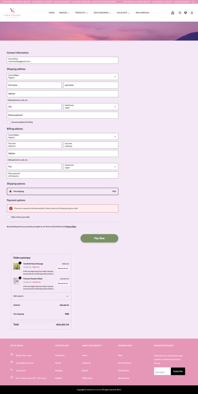 Vera's Secret checkout page screenshot