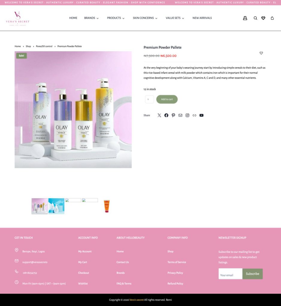 Vera's Secret single product page screenshot