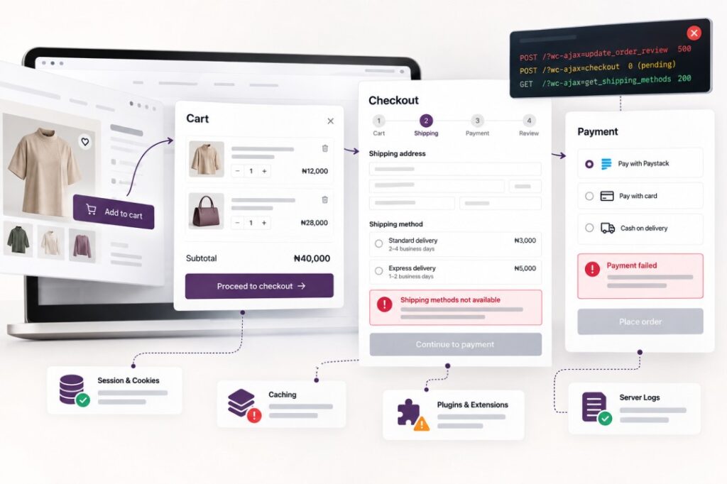WooCommerce checkout not working troubleshooting for payment, shipping, plugin, cache, and order errors