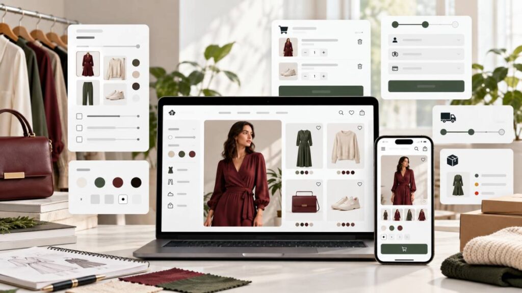 Fashion ecommerce website features showing product images, size and colour options, cart, checkout, delivery, and stock management