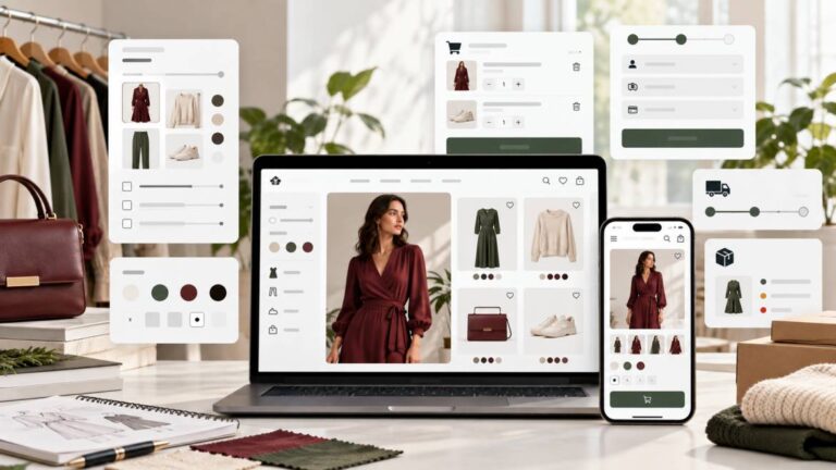 Fashion ecommerce website features showing product images, size and colour options, cart, checkout, delivery, and stock management